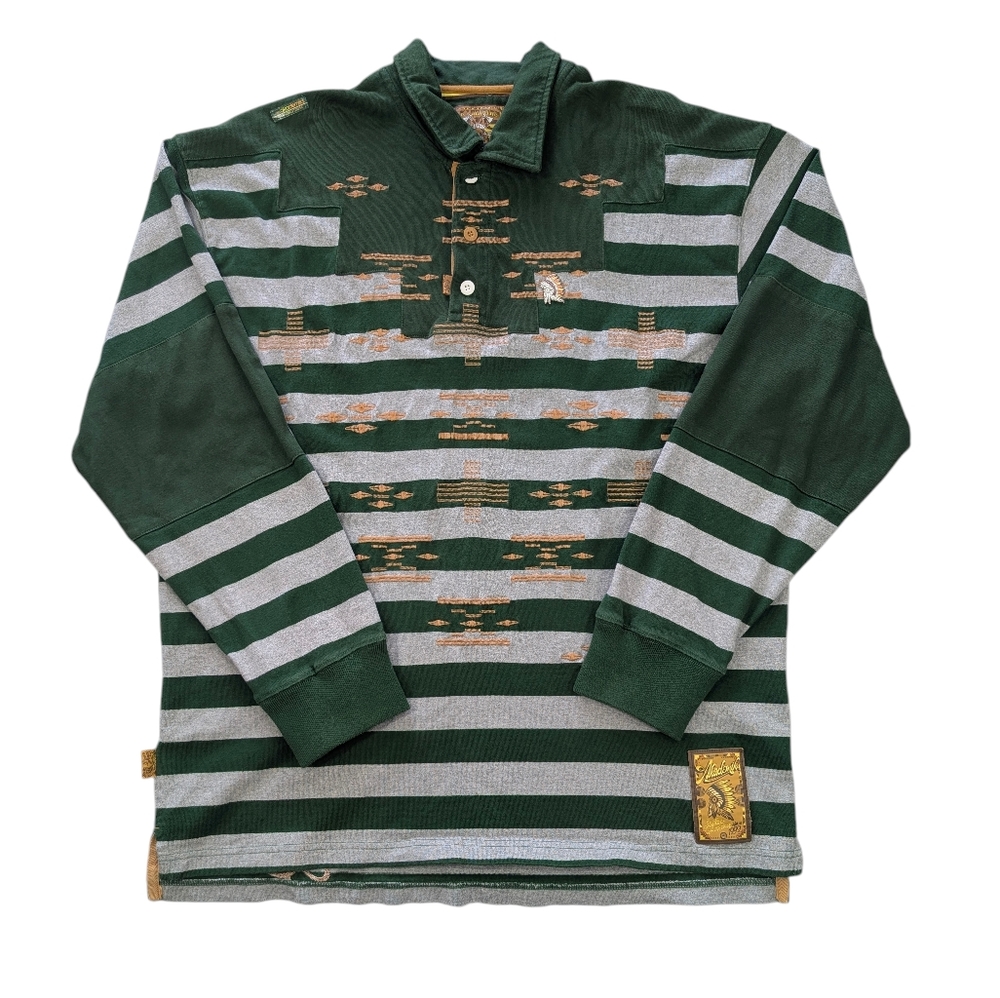 Y2K Akademiks green & gray striped Native, long sleeve 3 button rugby shirt. 2XL